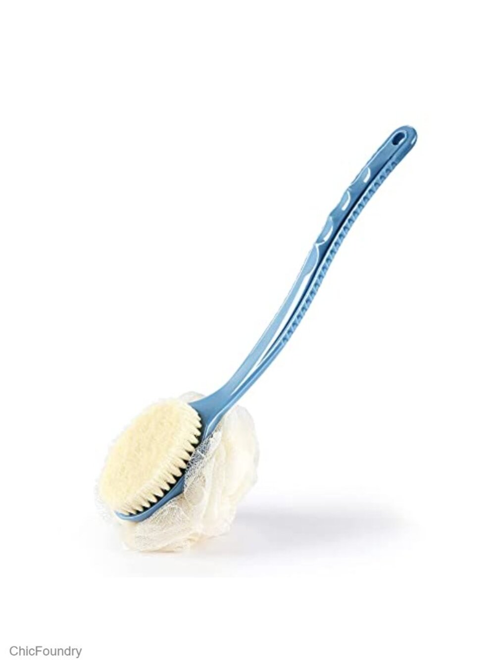 2-in-1 Shower Body Brush Bristles & Mesh Loofah Curved Long Handle Back Scrubber